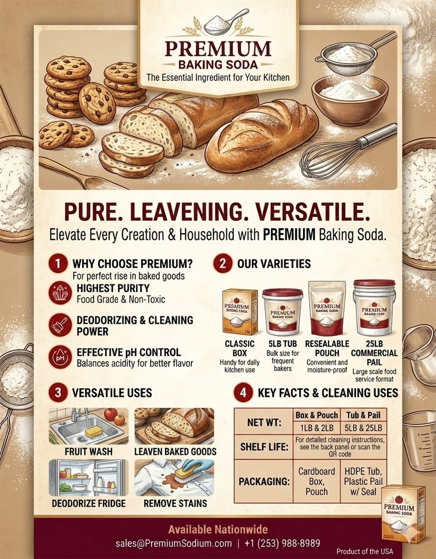 Premium baking soda in household and commercial formats