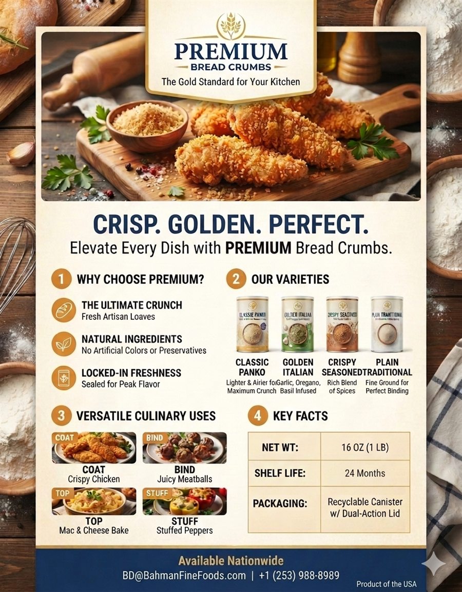Premium panko, Italian, seasoned and plain bread crumbs
